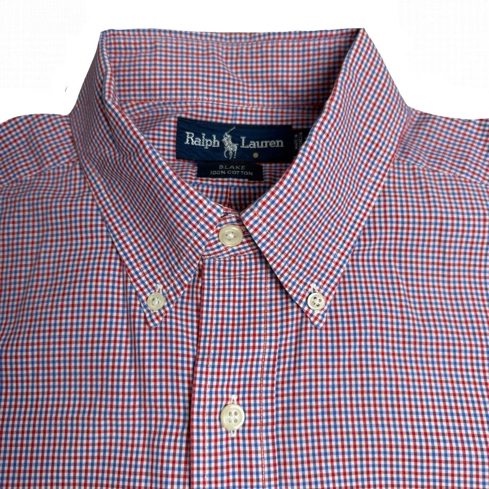Ralph Lauren Blake Shirt Mens L Red Blue Gingham Check Short Sleeve‎ Button Down